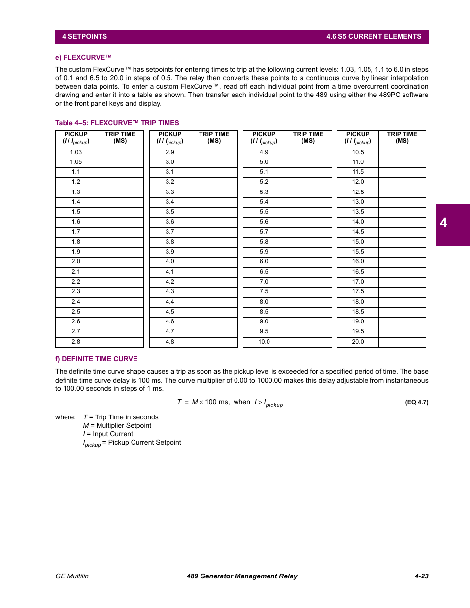 E) flexcurve, F) definite time curve | GE 489 User Manual | Page 73 / 259
