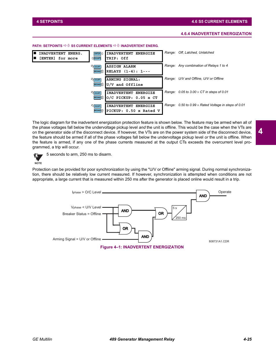 4 inadvertent energization, Inadvertent energization -25 | GE 489 User Manual | Page 75 / 259
