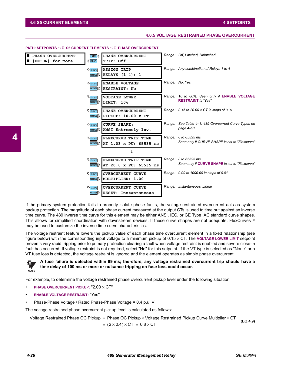 5 voltage restrained phase overcurrent, Voltage restrained phase overcurrent -26 | GE 489 User Manual | Page 76 / 259