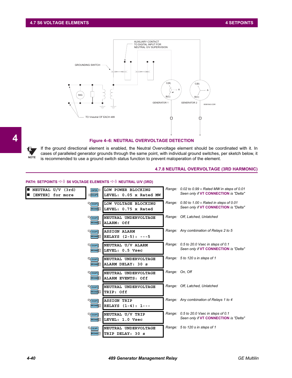 8 neutral overvoltage (3rd harmonic), Neutral overvoltage (3rd harmonic) -40 | GE 489 User Manual | Page 90 / 259