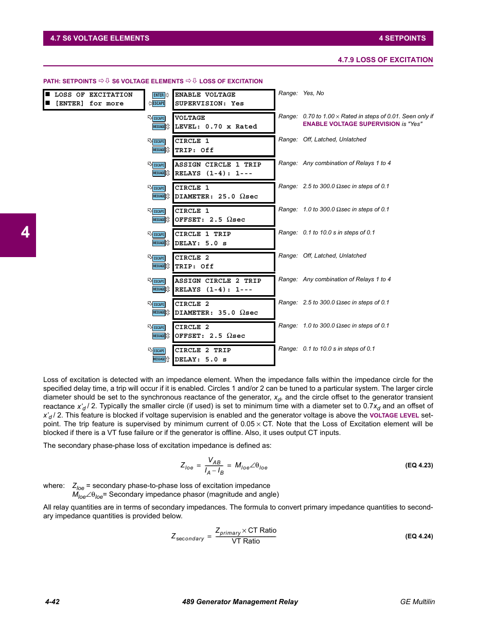 9 loss of excitation, Loss of excitation -42 | GE 489 User Manual | Page 92 / 259