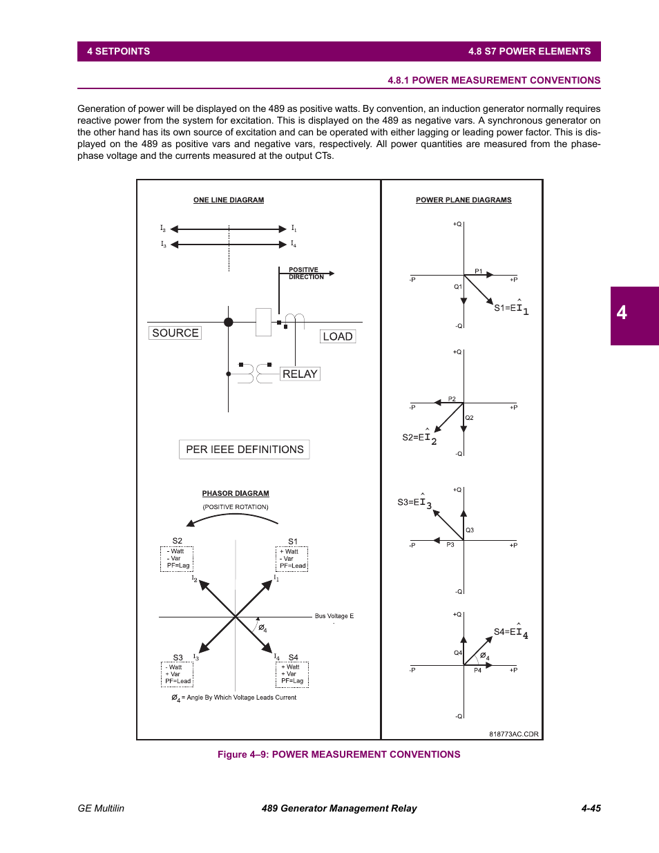 S7 power elements, 1 power measurement conventions, 8 s7 power elements | Power measurement conventions -45 | GE 489 User Manual | Page 95 / 259