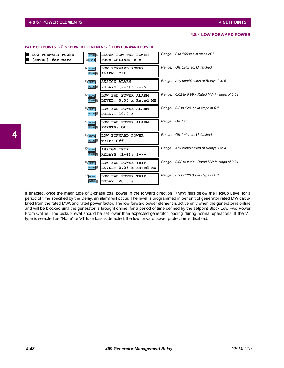 4 low forward power, Low forward power -48 | GE 489 User Manual | Page 98 / 259