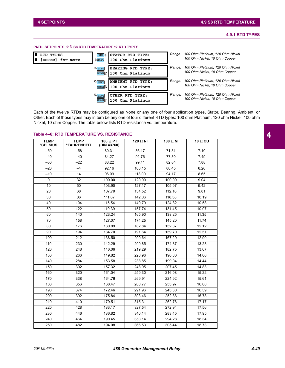 S8 rtd temperature, 1 rtd types, 9 s8 rtd temperature | Rtd types -49 | GE 489 User Manual | Page 99 / 259