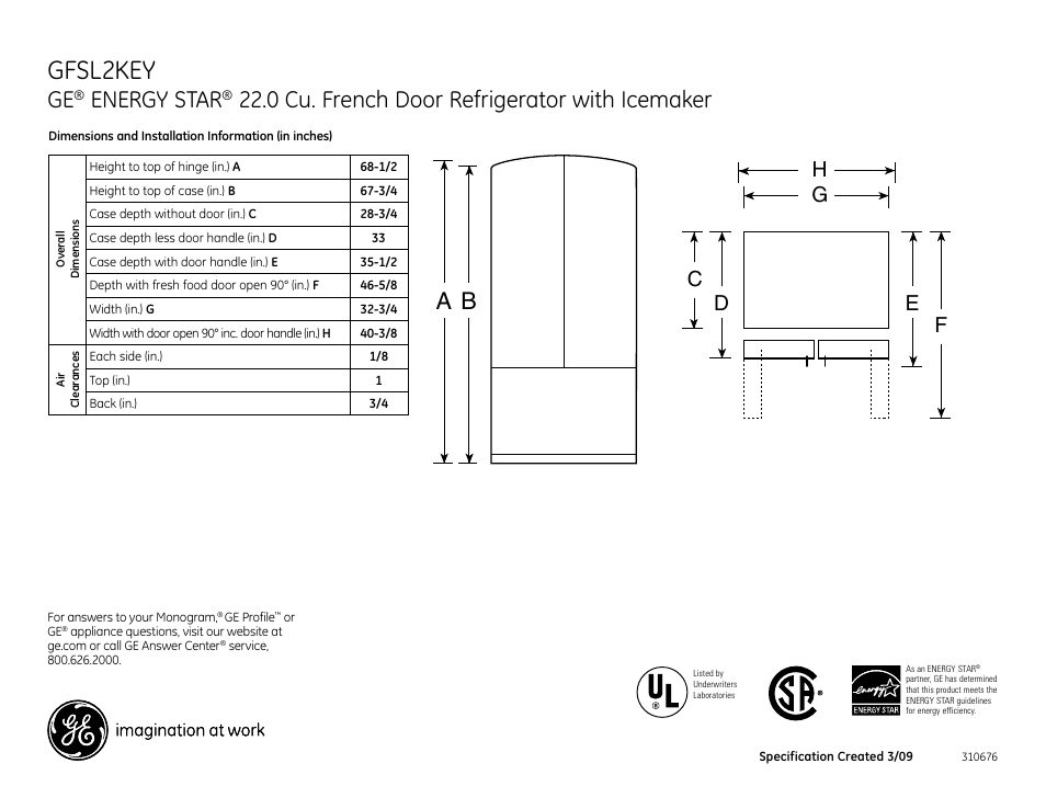 GE ENERGY STAR GFSL2KEY User Manual | 2 pages