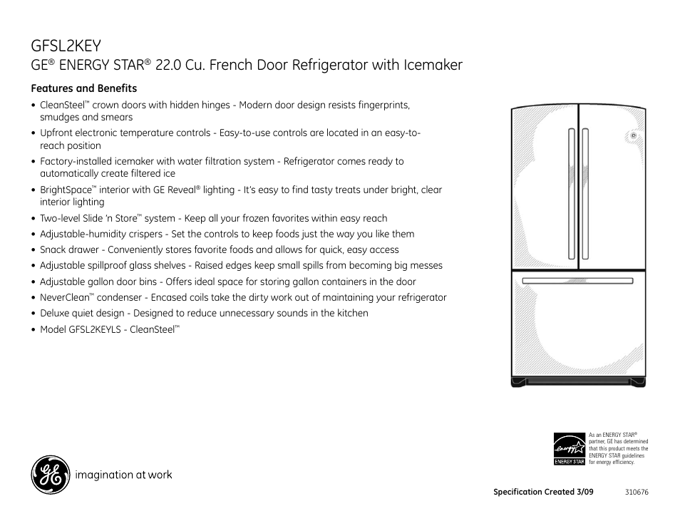 Gfsl2key, Energy star, 0 cu. french door refrigerator with icemaker | GE ENERGY STAR GFSL2KEY User Manual | Page 2 / 2