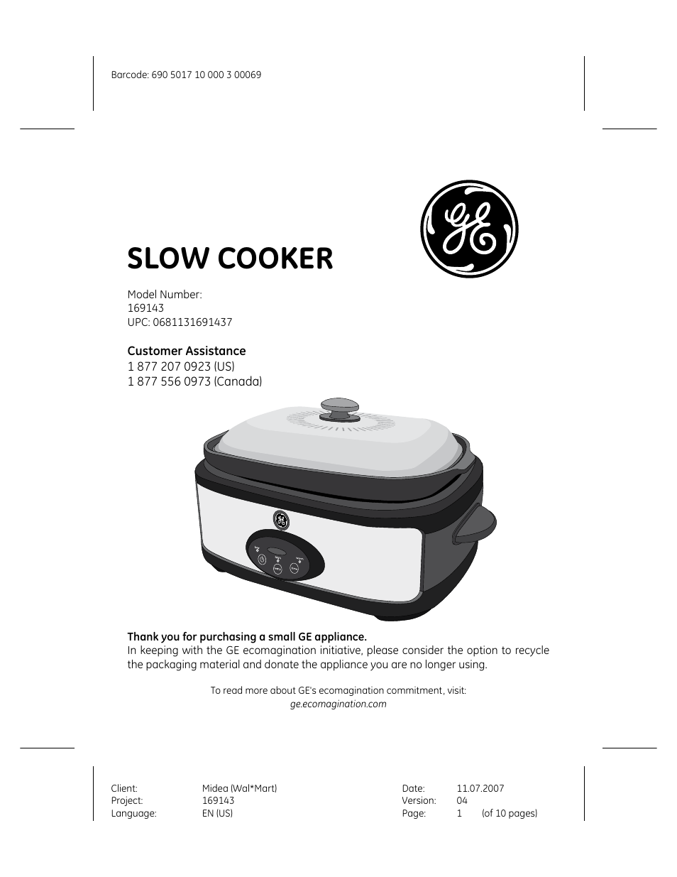 GE 169143 User Manual | 10 pages