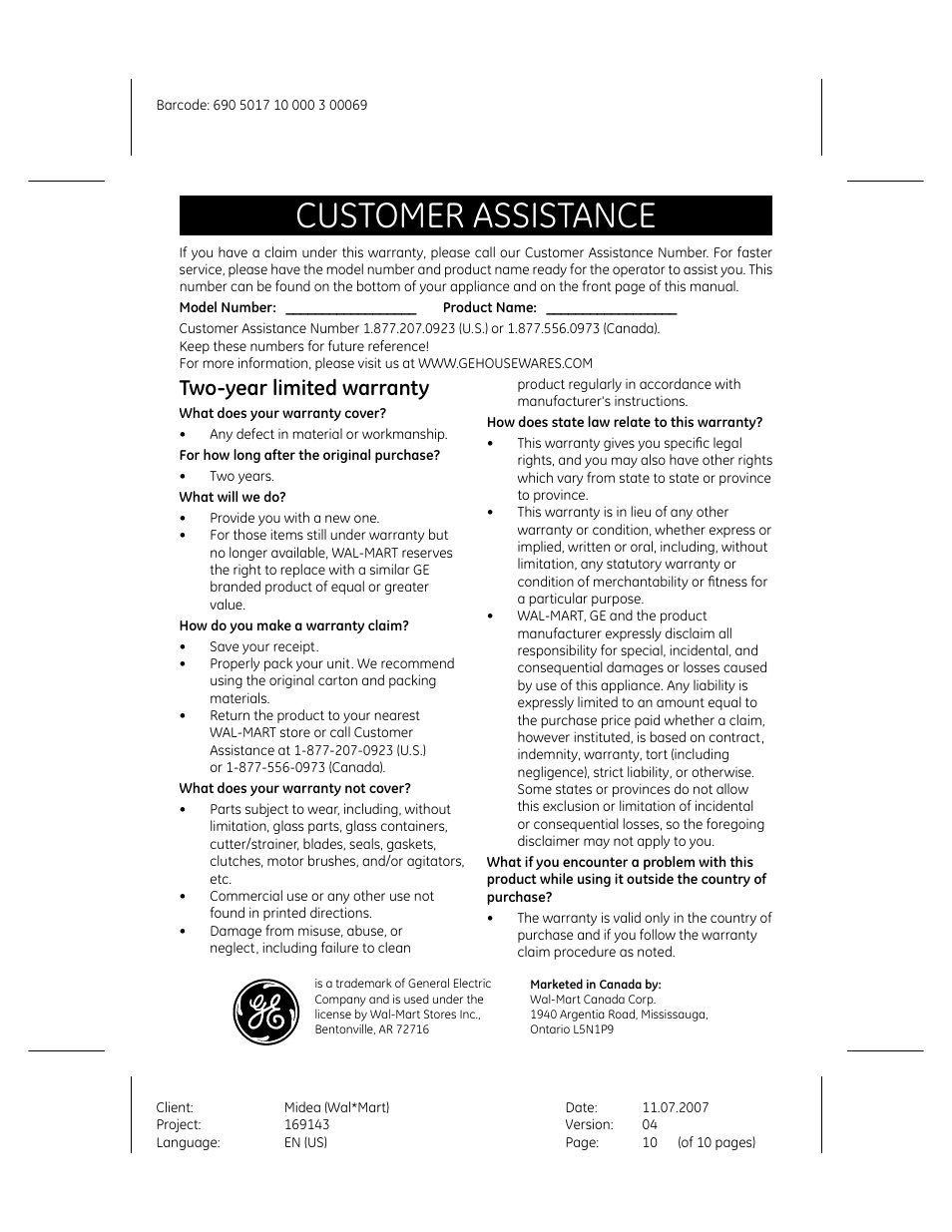 Customer assistance, Two-year limited warranty | GE 169143 User Manual | Page 10 / 10