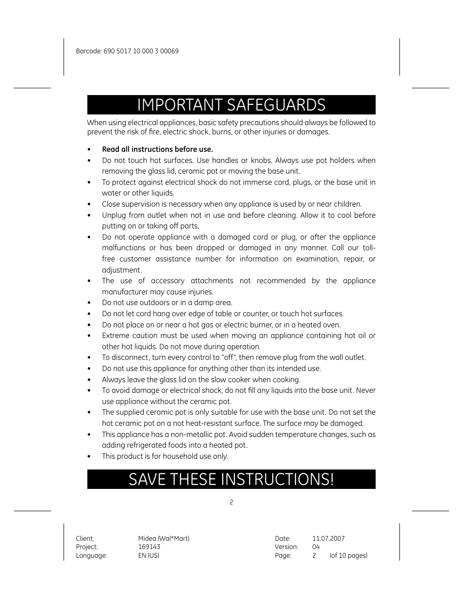 Important safeguards, Save these instructions | GE 169143 User Manual | Page 2 / 10