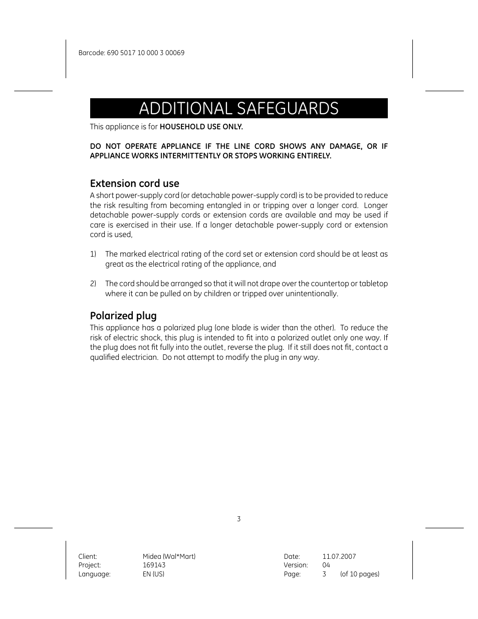 Additional safeguards, Extension cord use, Polarized plug | GE 169143 User Manual | Page 3 / 10