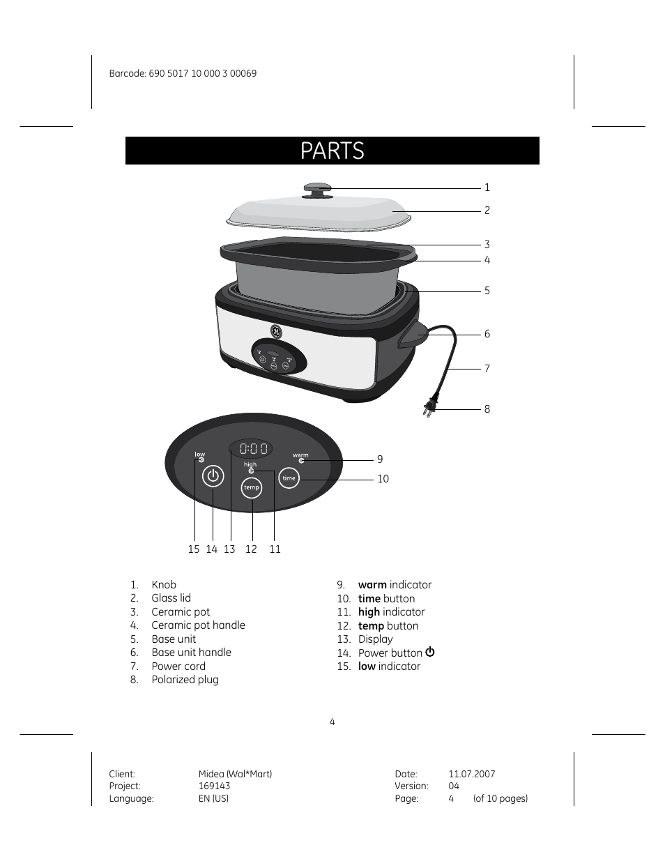 Parts | GE 169143 User Manual | Page 4 / 10