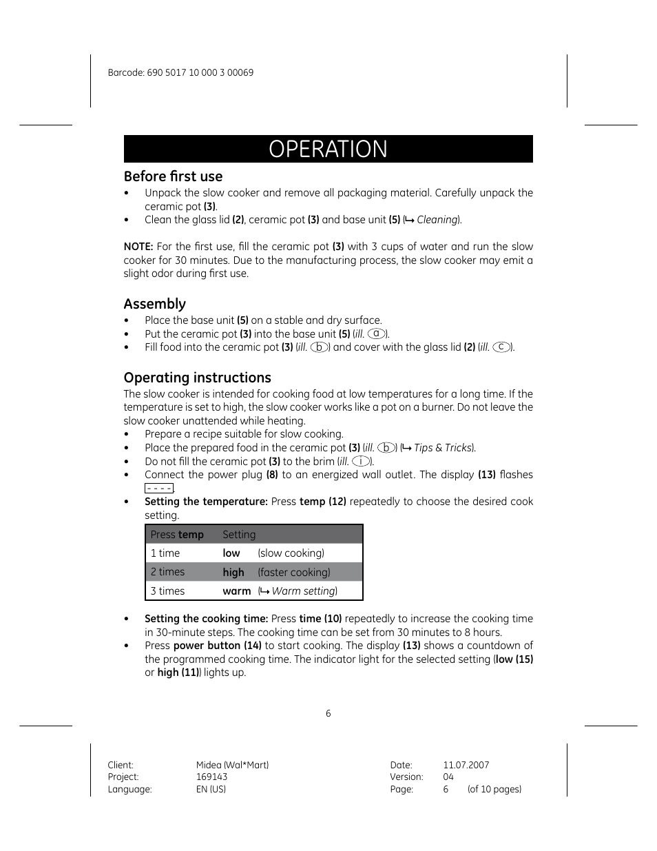 Operation, Before ﬁrst use, Assembly | Operating instructions | GE 169143 User Manual | Page 6 / 10