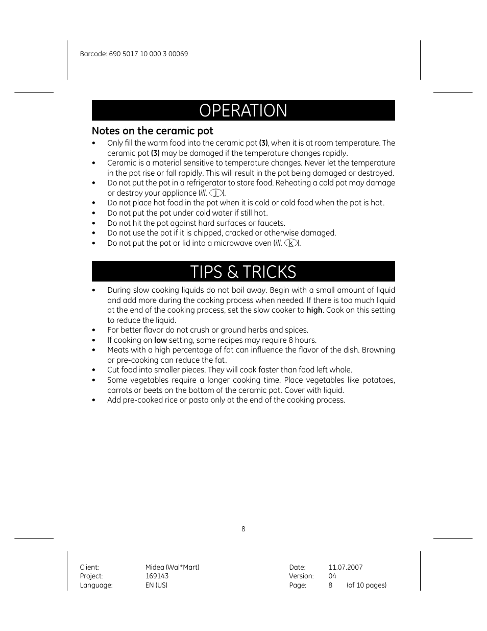 Operation, Tips & tricks | GE 169143 User Manual | Page 8 / 10