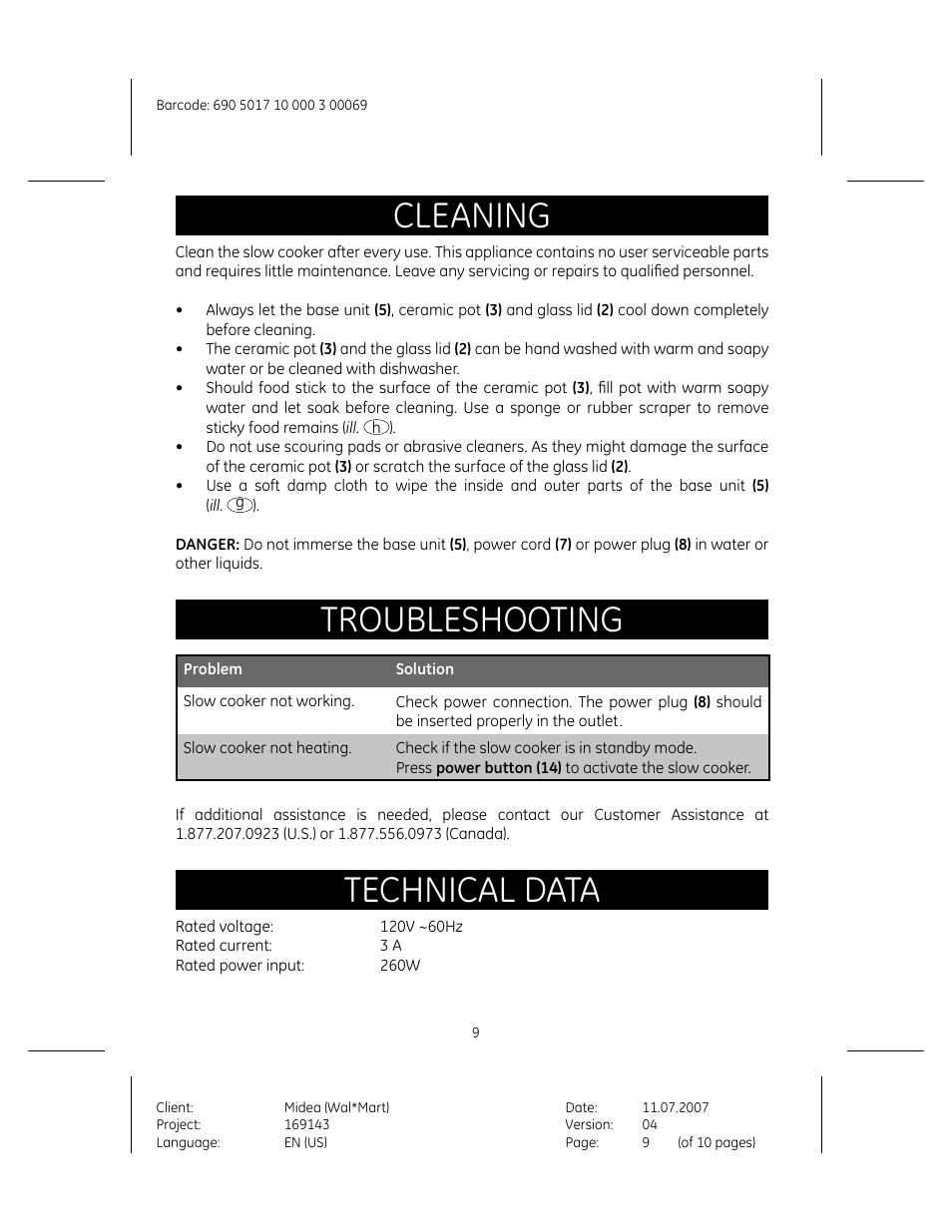 Cleaning, Troubleshooting, Technical data | GE 169143 User Manual | Page 9 / 10