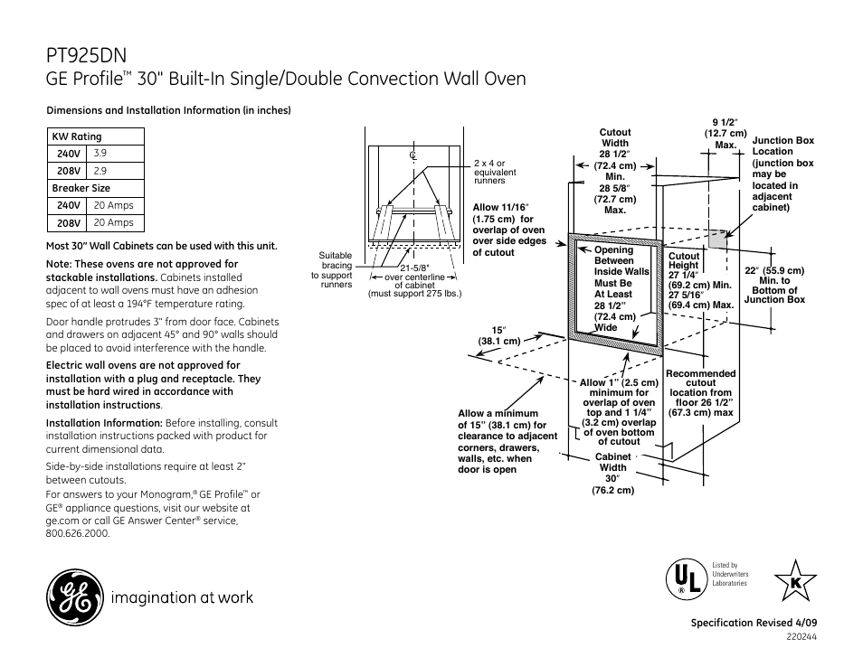 GE Profile PT925DN User Manual | 3 pages