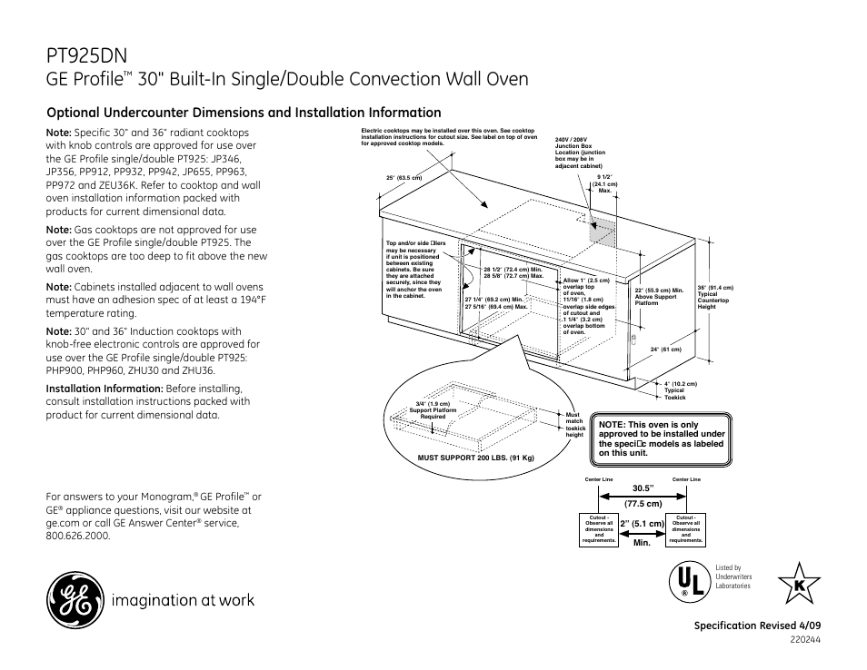 Pt925dn, Installation instructions, Cutout for 30 | Single double oven under counter, 30" built-in single/double convection wall oven, 2 cm), For answers to your monogram, Ge profile, Or ge | GE Profile PT925DN User Manual | Page 2 / 3