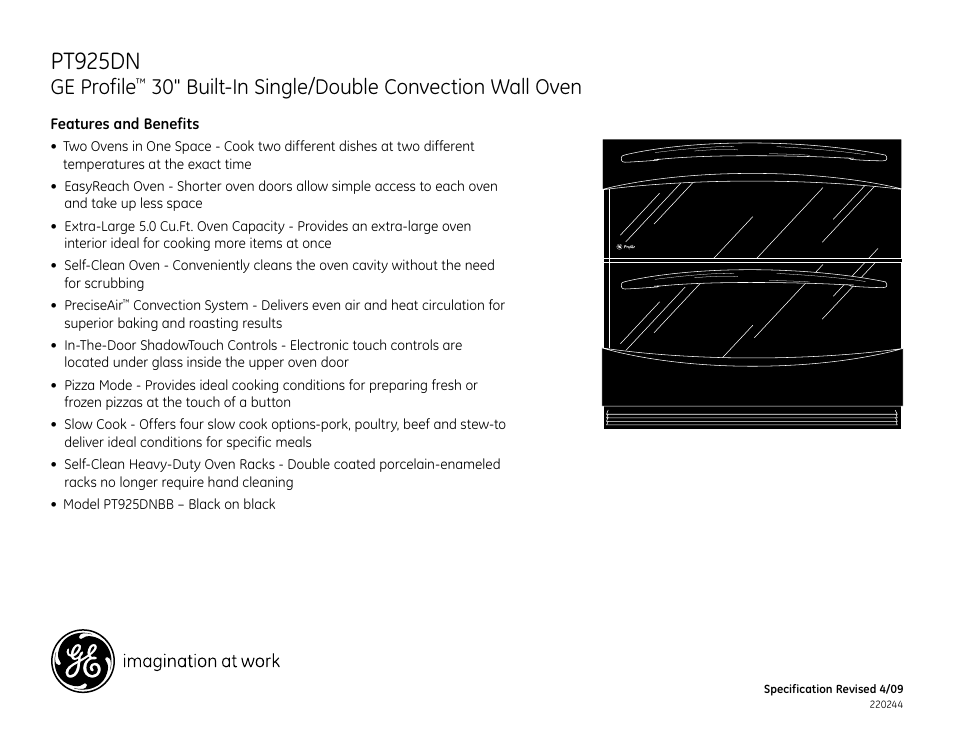 Pt925dn, Ge profile, 30" built-in single/double convection wall oven | GE Profile PT925DN User Manual | Page 3 / 3