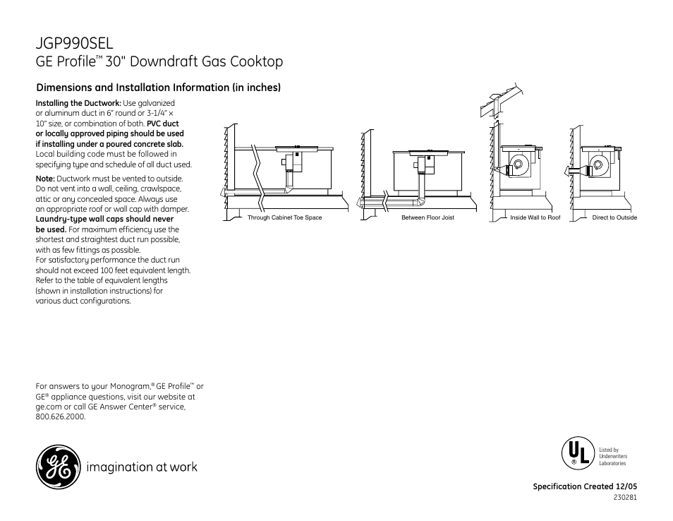 Jgp990sel, Ge profile, 30" downdraft gas cooktop | GE JGP990SEL User Manual | Page 2 / 3