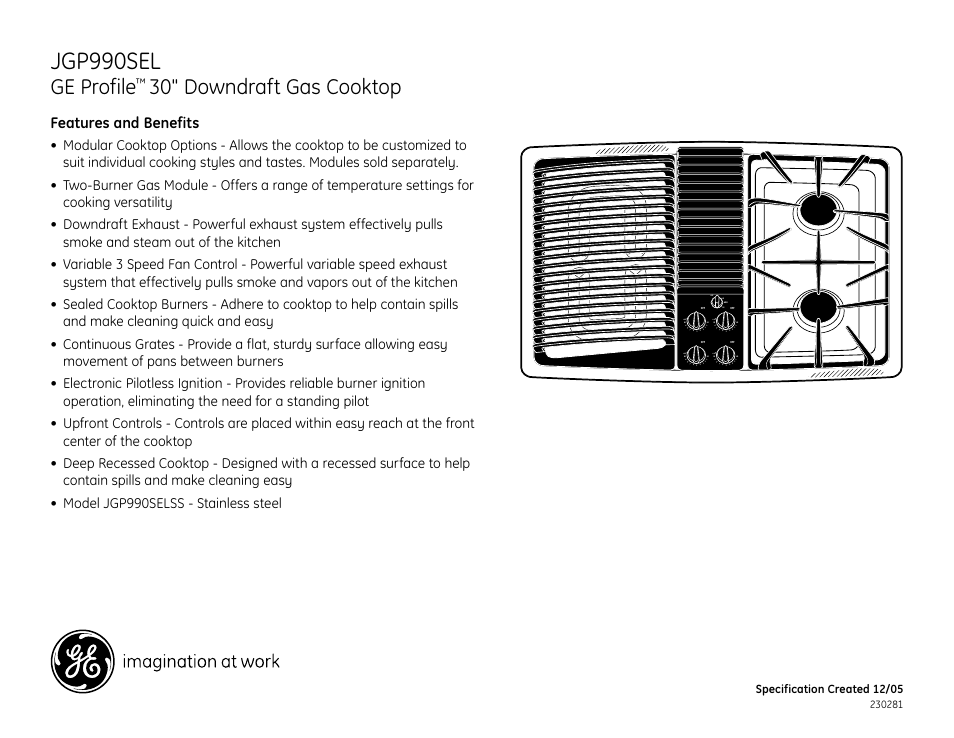 Jgp990sel, Ge profile, 30" downdraft gas cooktop | GE JGP990SEL User Manual | Page 3 / 3