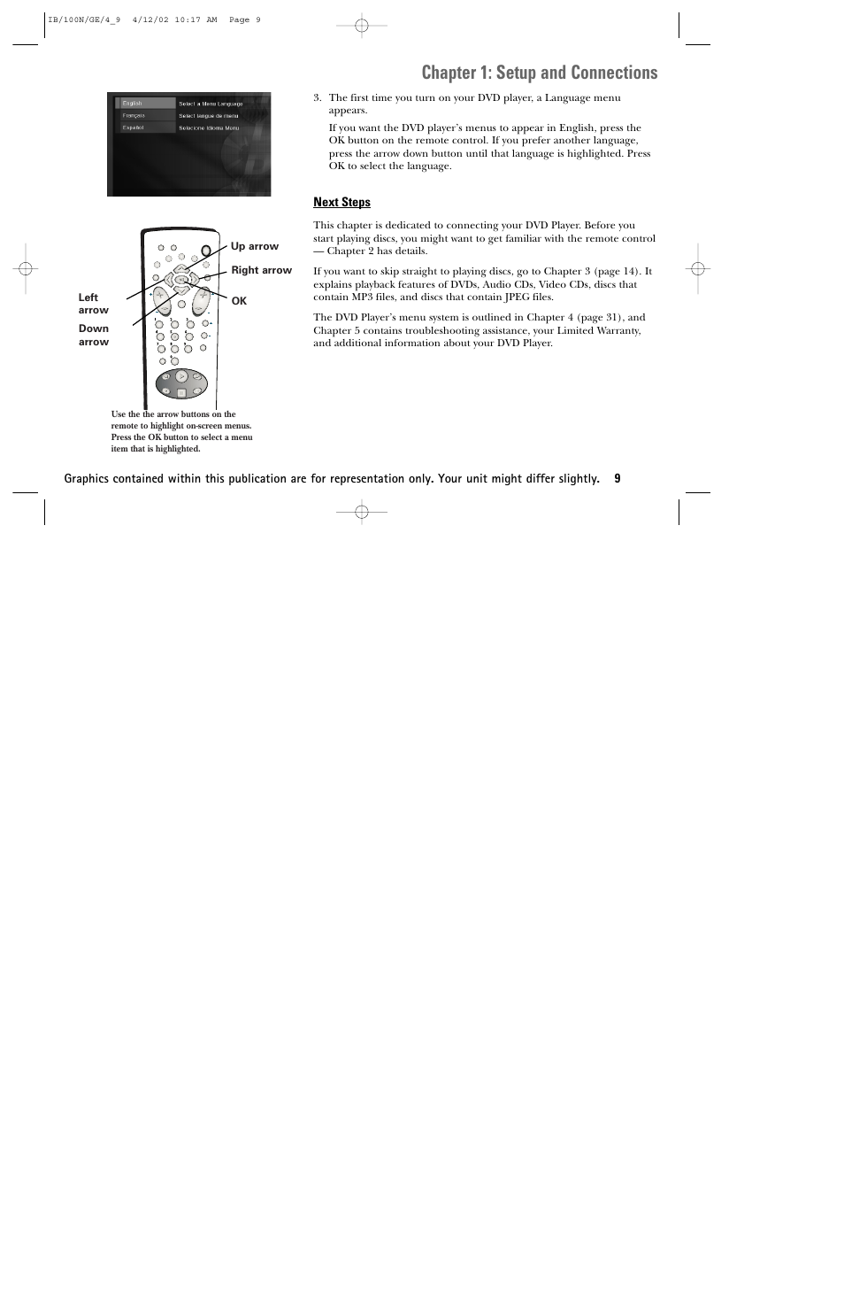 Chapter 1: setup and connections, Next steps, Up arrow right arrow ok left arrow down arrow | GE DGE100N User Manual | Page 11 / 68