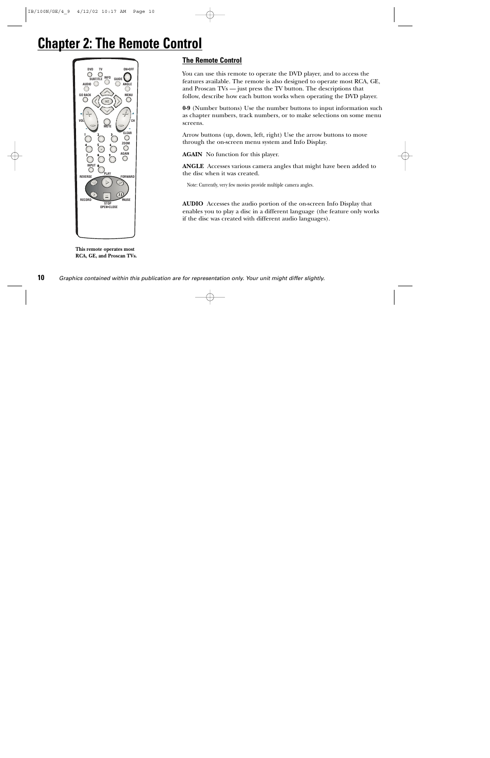 Chapter 2: the remote control, The remote control | GE DGE100N User Manual | Page 12 / 68
