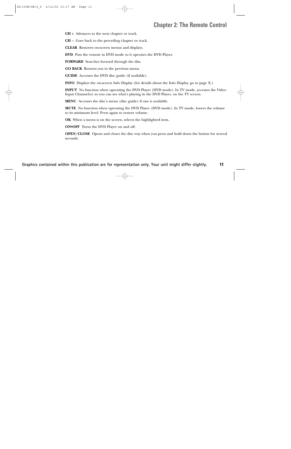 Chapter 2: the remote control | GE DGE100N User Manual | Page 13 / 68