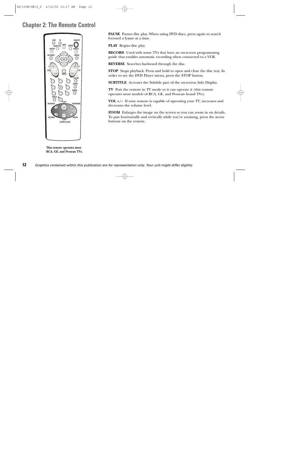 Chapter 2: the remote control | GE DGE100N User Manual | Page 14 / 68