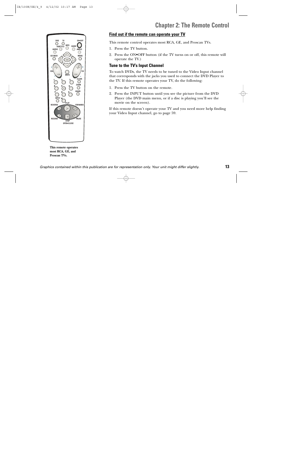 Chapter 2: the remote control, Find out if the remote can operate your tv, Tune to the tv’s input channel | GE DGE100N User Manual | Page 15 / 68