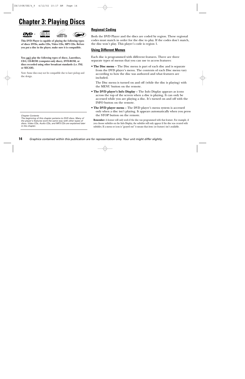 Chapter 3: playing discs | GE DGE100N User Manual | Page 16 / 68