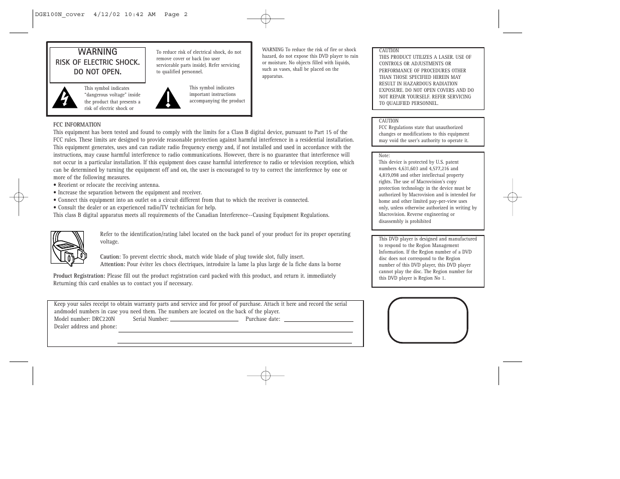Class 1 laser product, Warning | GE DGE100N User Manual | Page 2 / 68