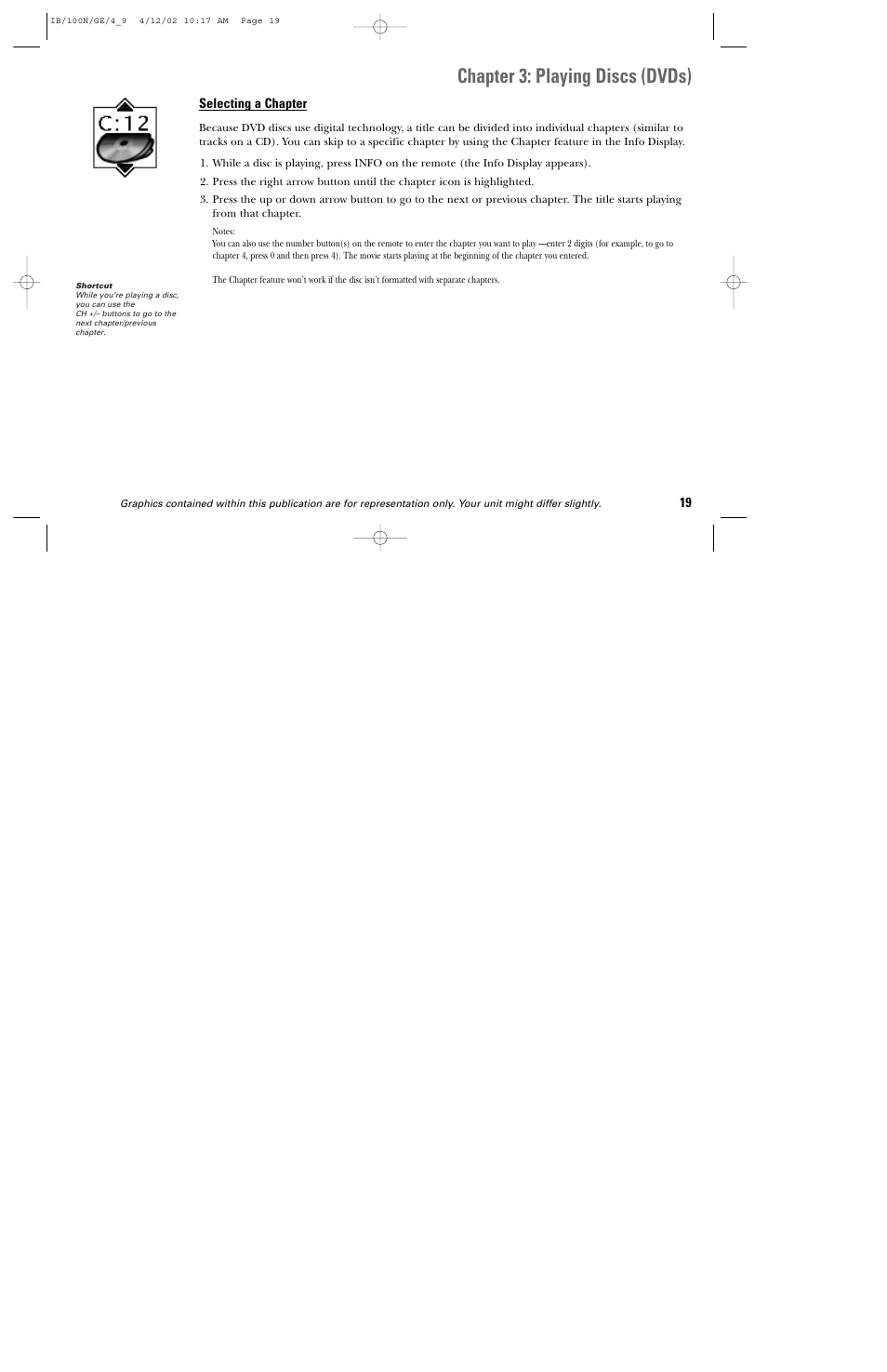 Chapter 3: playing discs (dvds) | GE DGE100N User Manual | Page 21 / 68