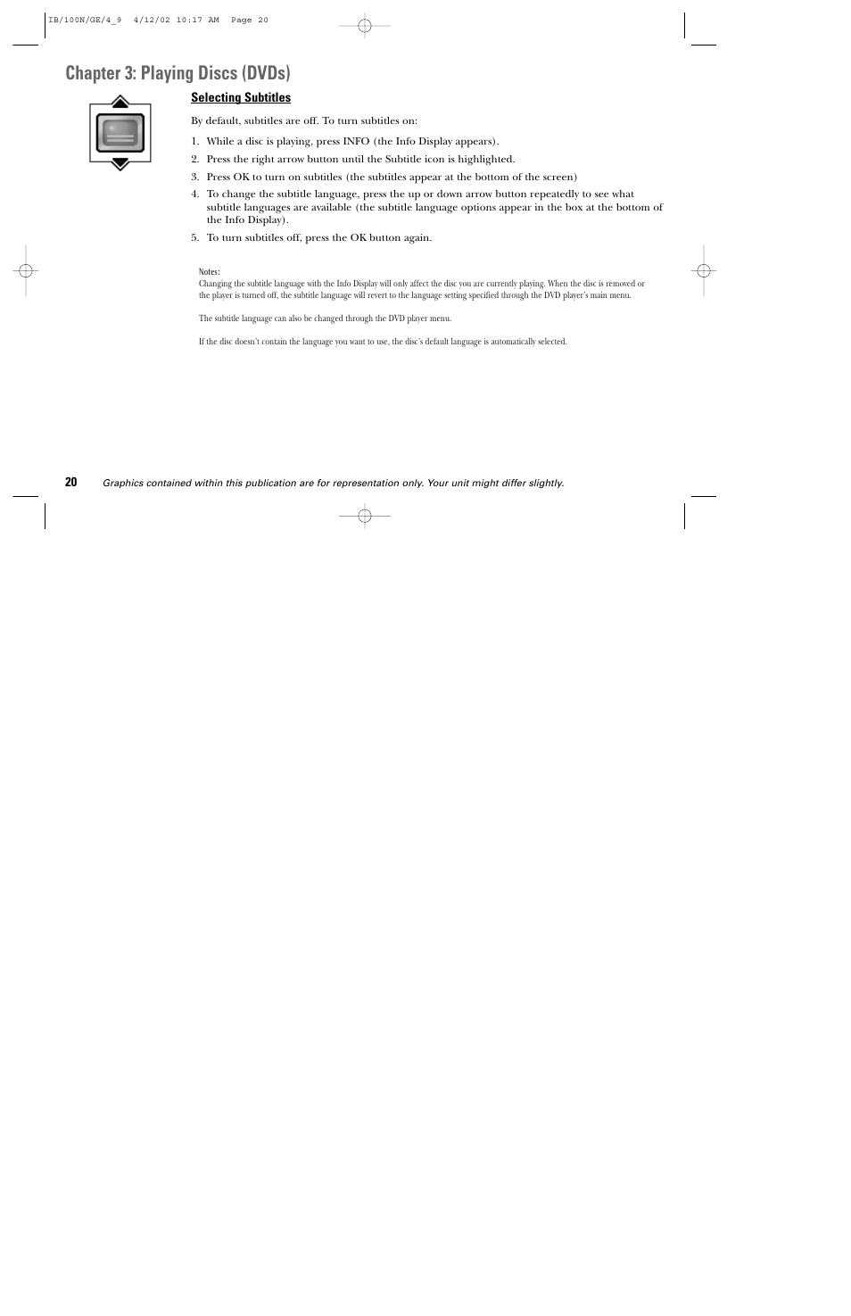 Chapter 3: playing discs (dvds) | GE DGE100N User Manual | Page 22 / 68