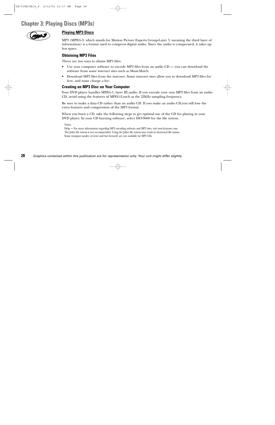 Chapter 3: playing discs (mp3s) | GE DGE100N User Manual | Page 30 / 68
