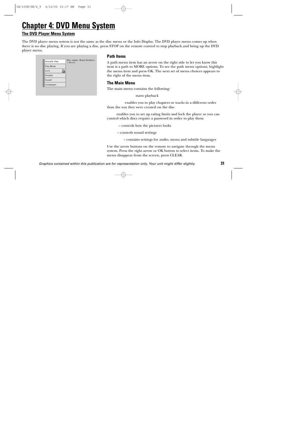 Chapter 4: dvd menu system | GE DGE100N User Manual | Page 33 / 68