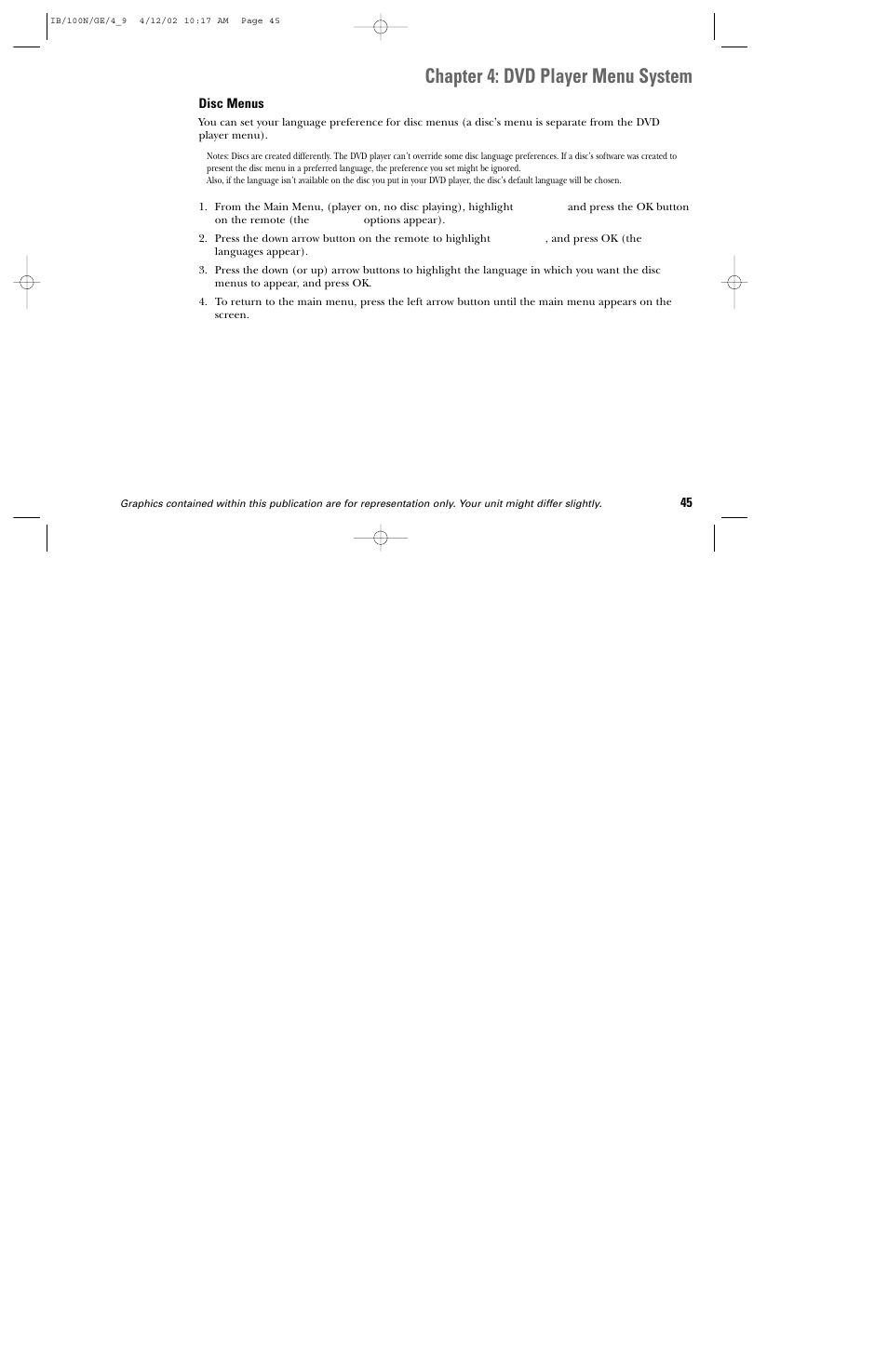 Chapter 4: dvd player menu system | GE DGE100N User Manual | Page 47 / 68