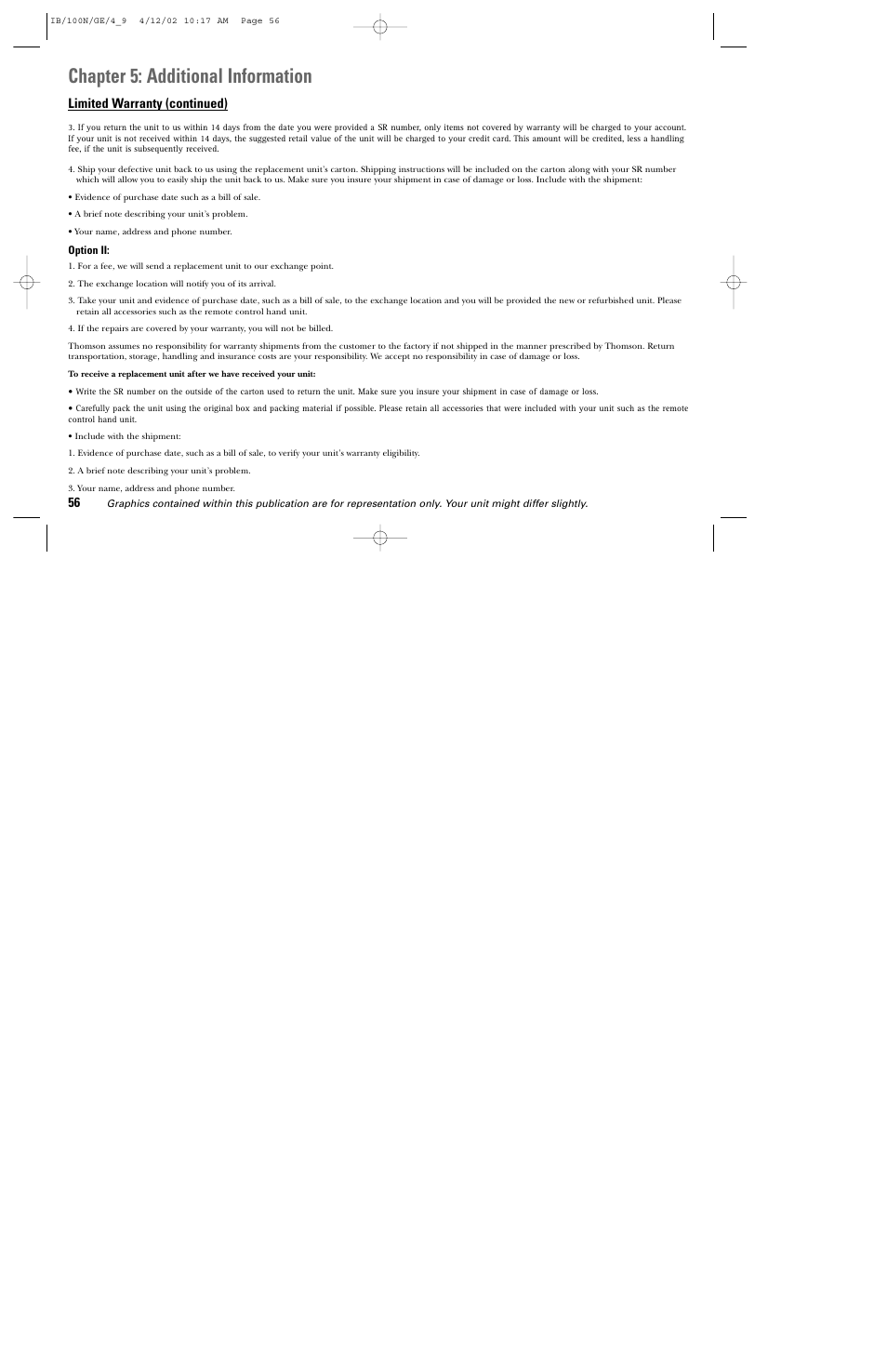 Chapter 5: additional information, Limited warranty (continued) | GE DGE100N User Manual | Page 58 / 68