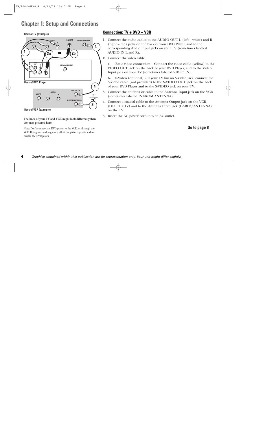 Chapter 1: setup and connections, Connection: tv + dvd + vcr, Go to page 8 | GE DGE100N User Manual | Page 6 / 68