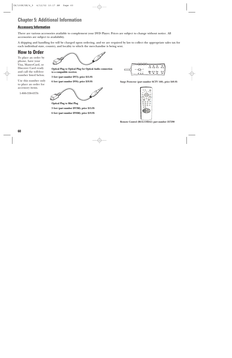 Chapter 5: additional information, How to order, Accessory information | GE DGE100N User Manual | Page 62 / 68