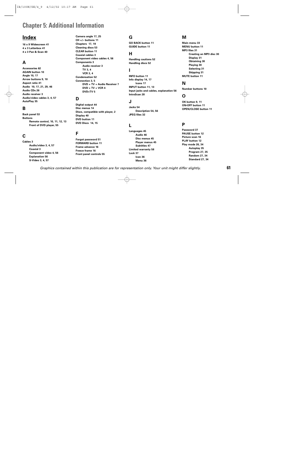 Chapter 5: additional information, Index | GE DGE100N User Manual | Page 63 / 68