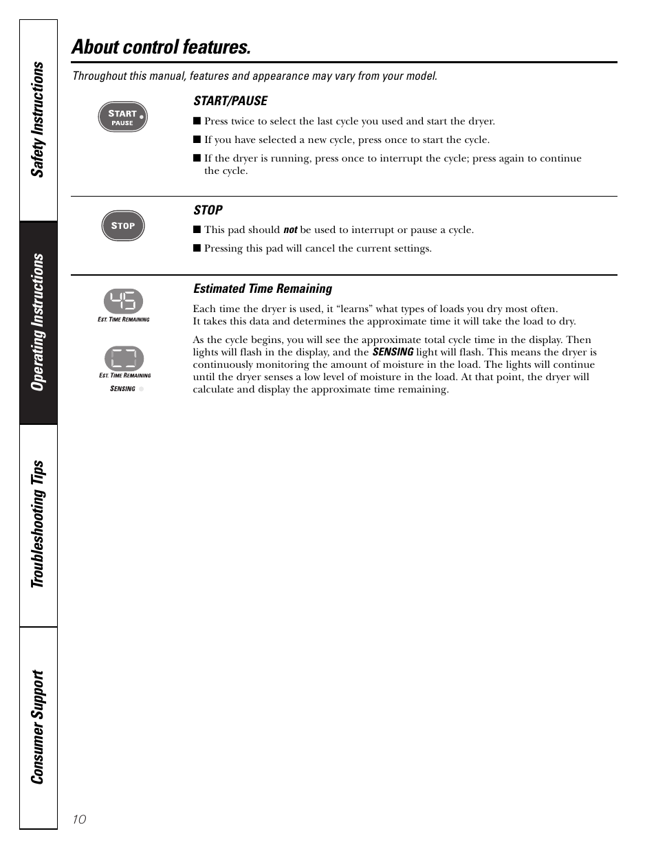 Control features, About control features | GE DPSB613 User Manual | Page 10 / 24