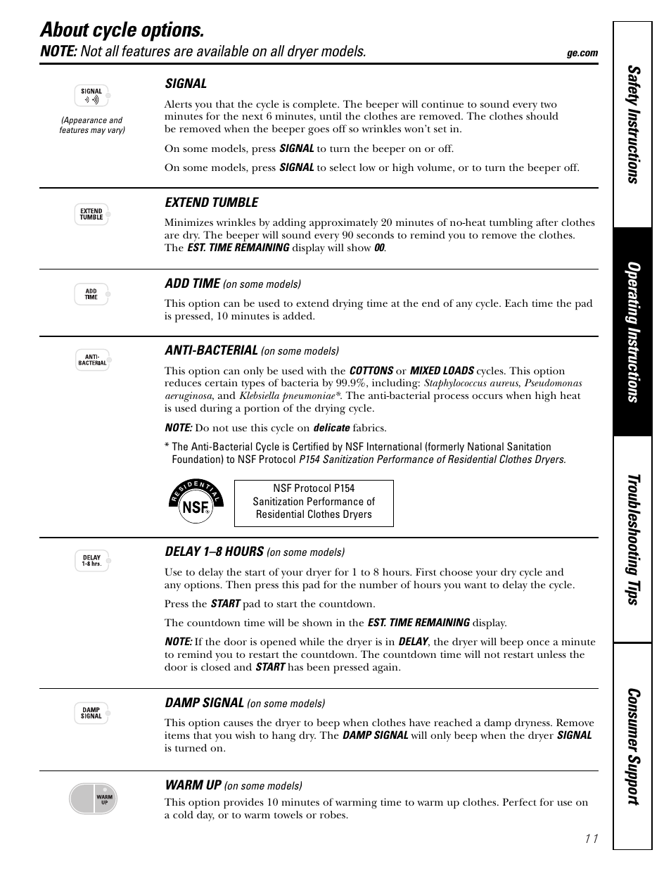 Cycle options, About cycle options | GE DPSB613 User Manual | Page 11 / 24