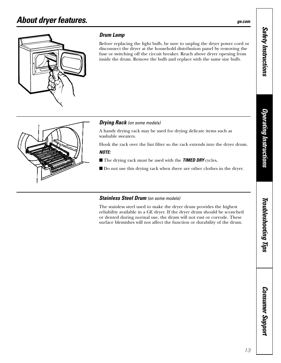 Dryer features, About dryer features | GE DPSB613 User Manual | Page 13 / 24