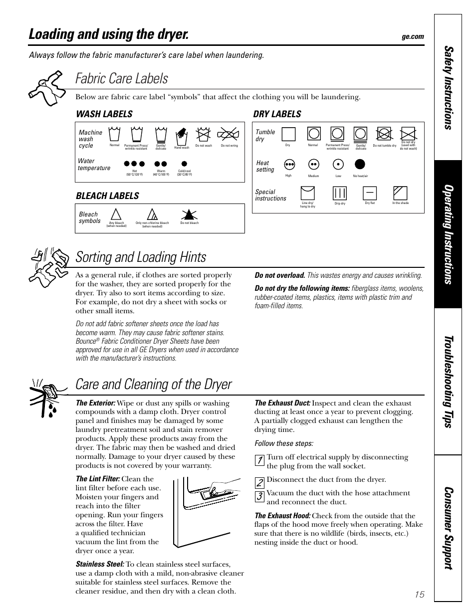 Loading and using the dryer, Fabric care labels, Sorting and loading hints | Care and cleaning of the dryer, Wash labels dry labels, Bleach labels | GE DPSB613 User Manual | Page 15 / 24
