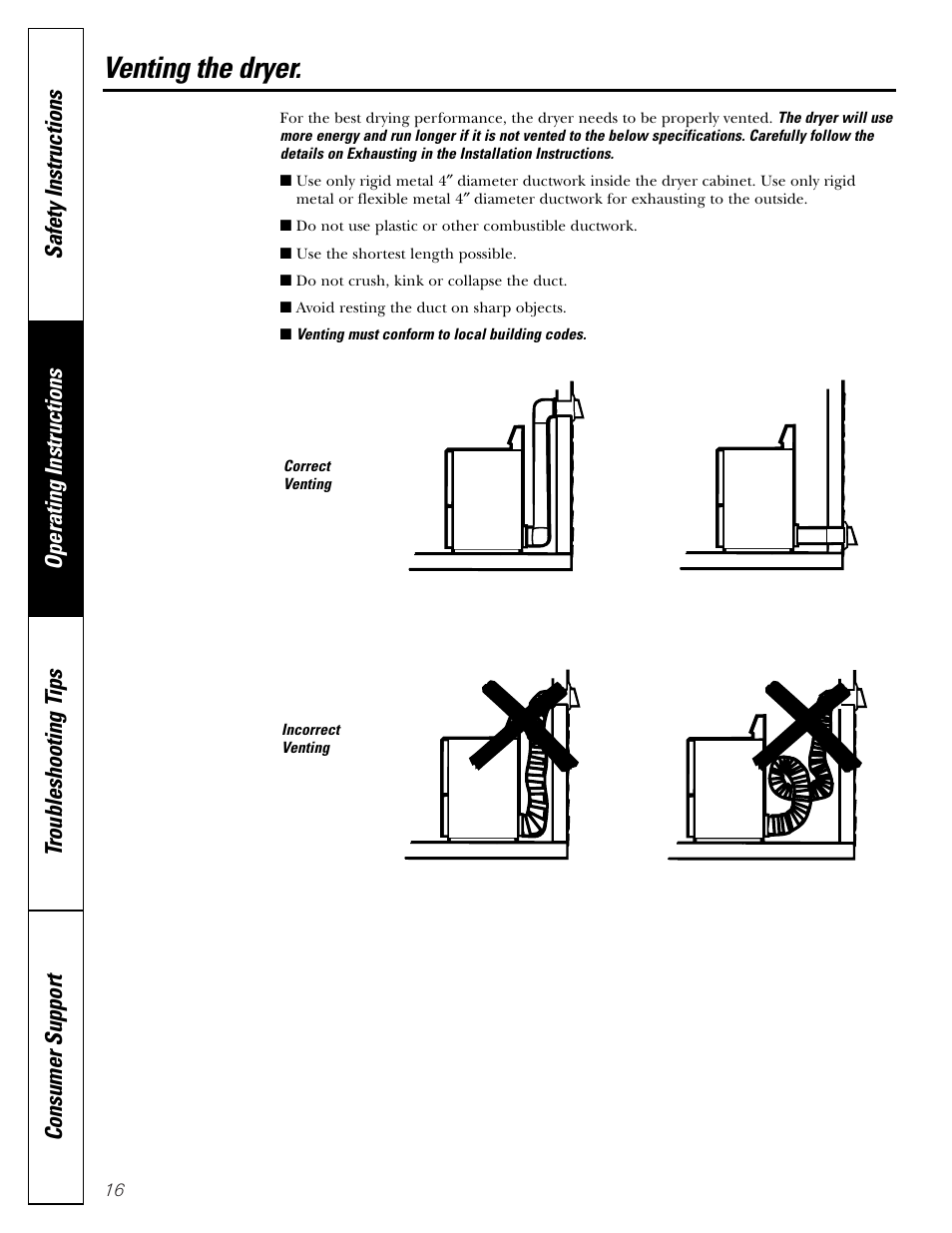 Venting the dryer | GE DPSB613 User Manual | Page 16 / 24