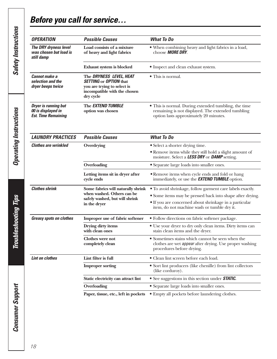 Before you call for service | GE DPSB613 User Manual | Page 18 / 24