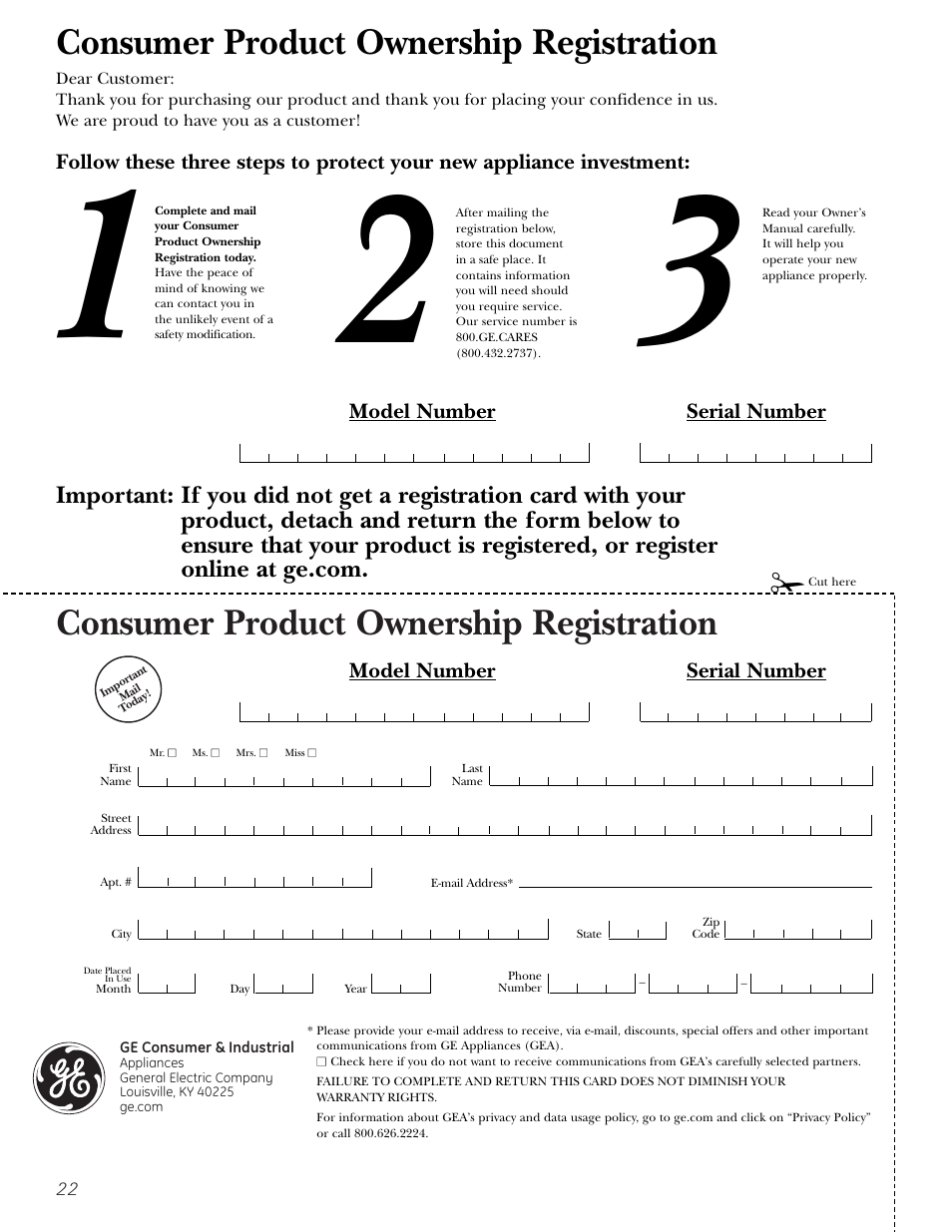 Consumer product ownership registration, Model number serial number | GE DPSB613 User Manual | Page 22 / 24