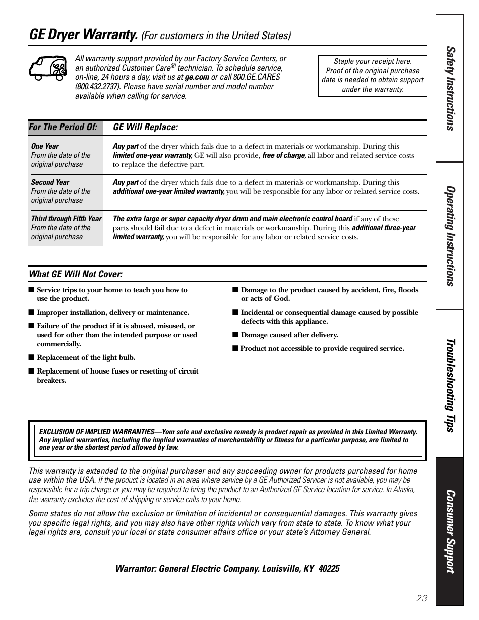 Warranty, Ge dryer warranty, For customers in the united states) | GE DPSB613 User Manual | Page 23 / 24