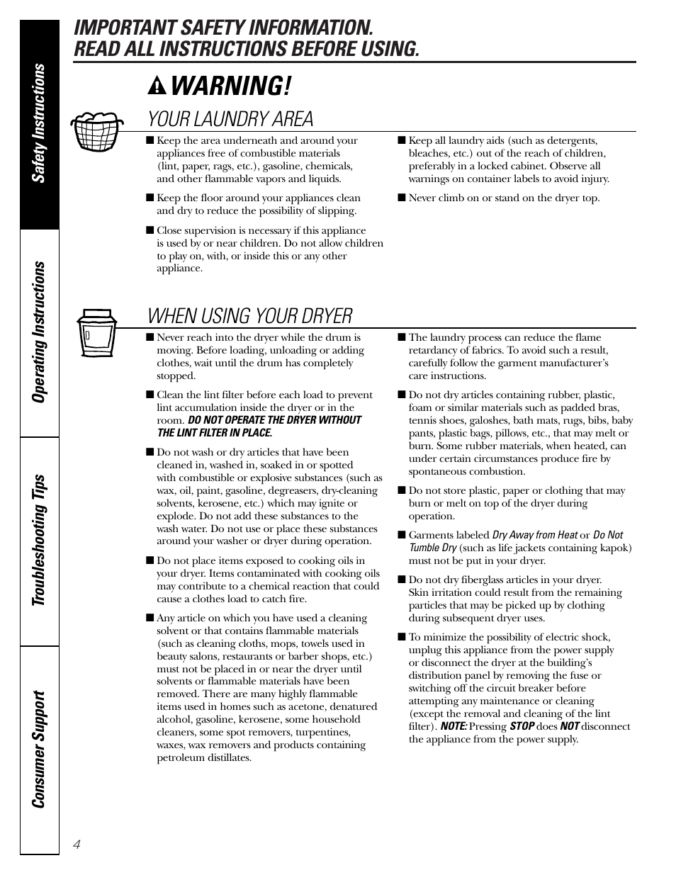 Warning, Your laundry area, When using your dryer | GE DPSB613 User Manual | Page 4 / 24