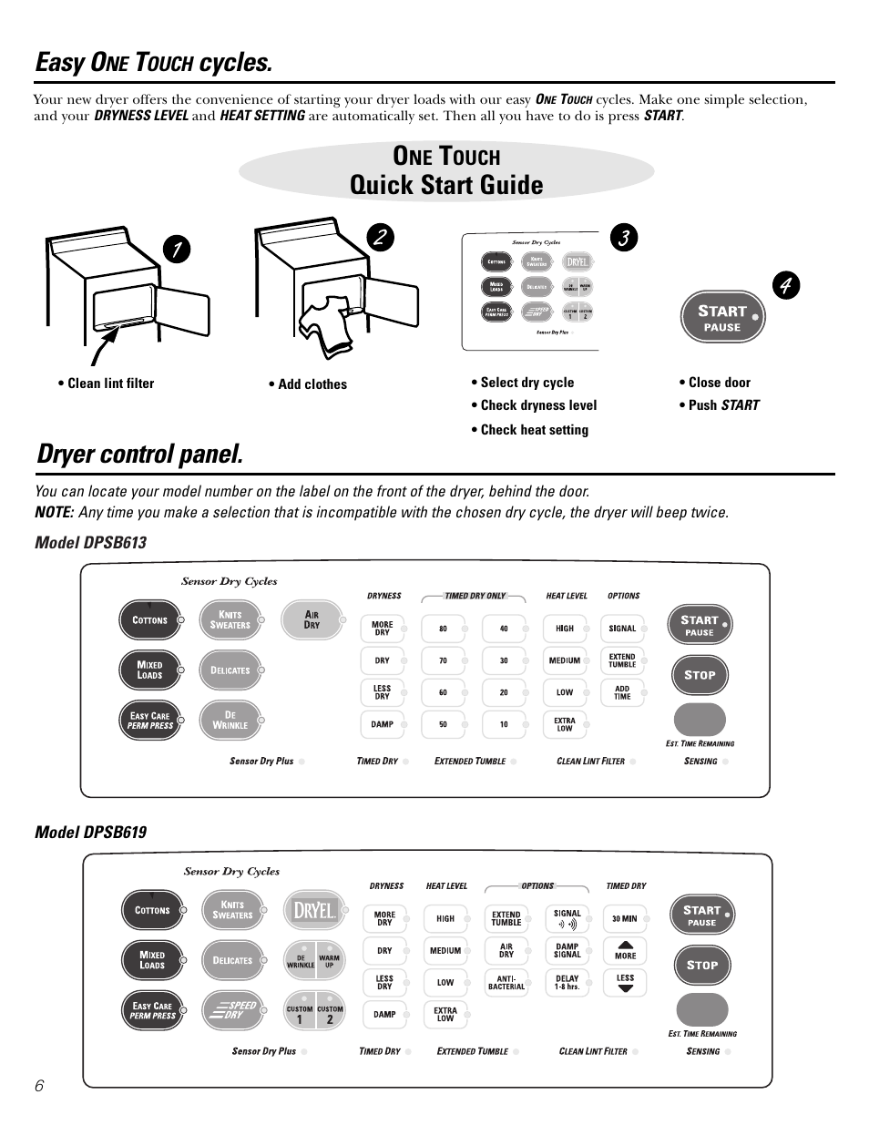 Control panels, One touch cycles, Ouch | Cycles, Quick start guide, Easy o, Dryer control panel | GE DPSB613 User Manual | Page 6 / 24