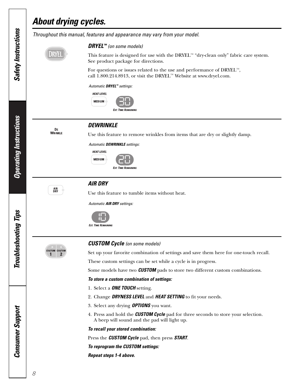 Drying cycles, Special dry cycles, About drying cycles | GE DPSB613 User Manual | Page 8 / 24